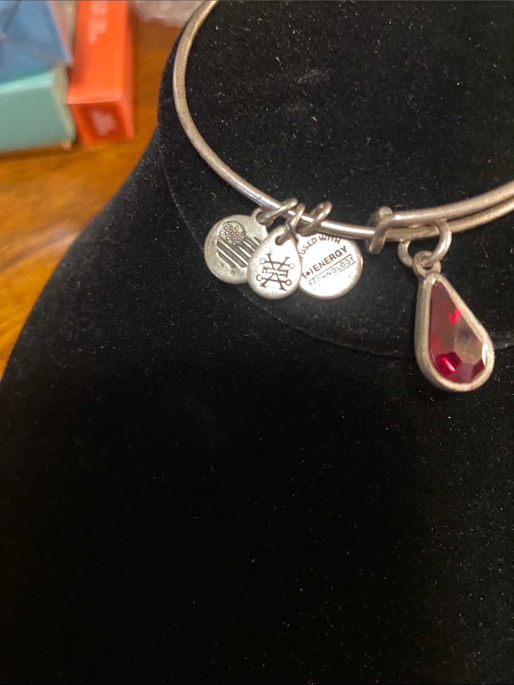 Alex and Ani Silver Bangle with Red Teardrop Charm